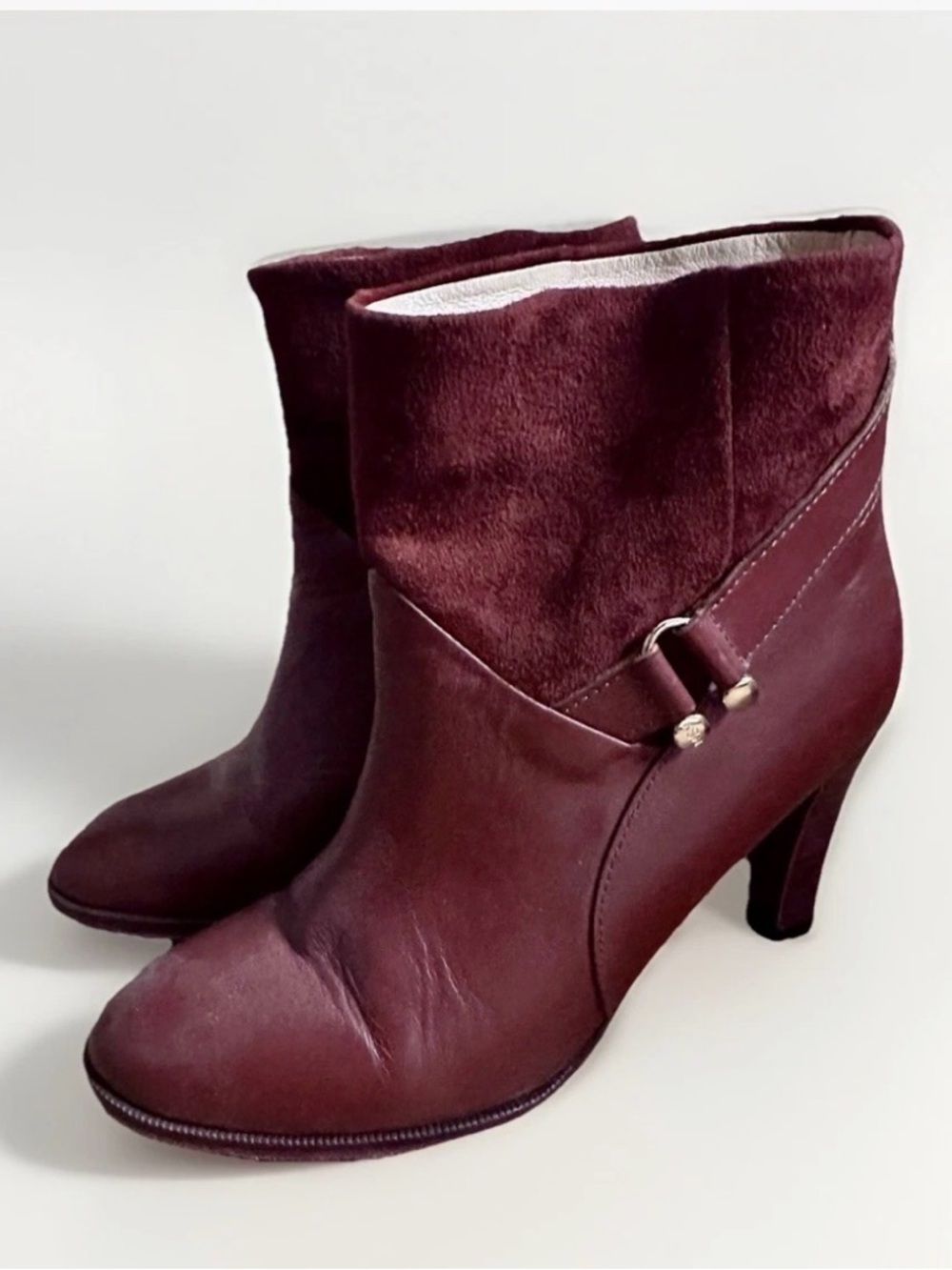 MYSUELLY Burgundy Ankle Boots Leather & Suede Block Heel Size 39 EU Red Sole